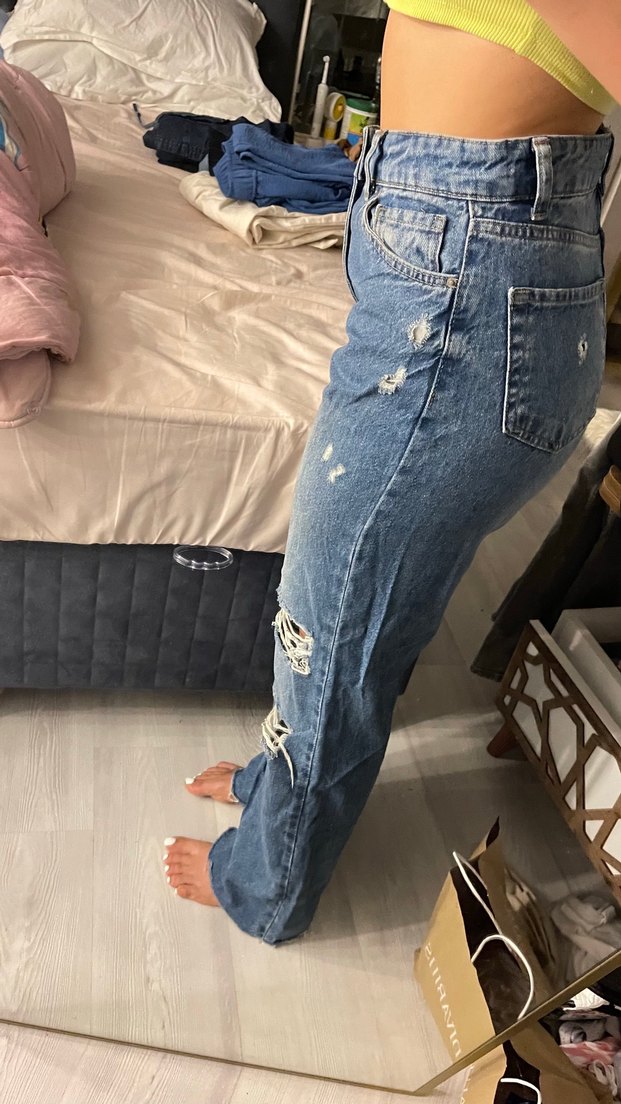 Kadın Mavi Bol Kesim Yırtık Kot Pantolon - Görsel 2