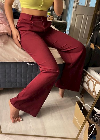 Bordo Düğmeli Salaş Kadın Pantolon