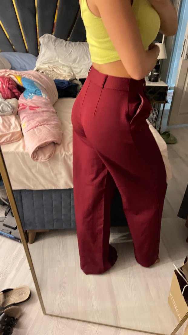 Bordo Düğmeli Salaş Kadın Pantolon - Görsel 4