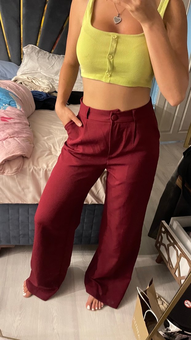 Bordo Düğmeli Salaş Kadın Pantolon - Görsel 3