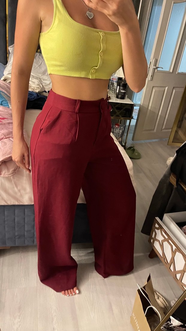 Bordo Düğmeli Salaş Kadın Pantolon - Görsel 2