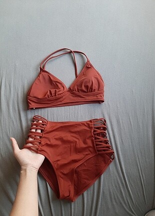 Kenti yüksek bel bikini kiremit rengi ipli bikini