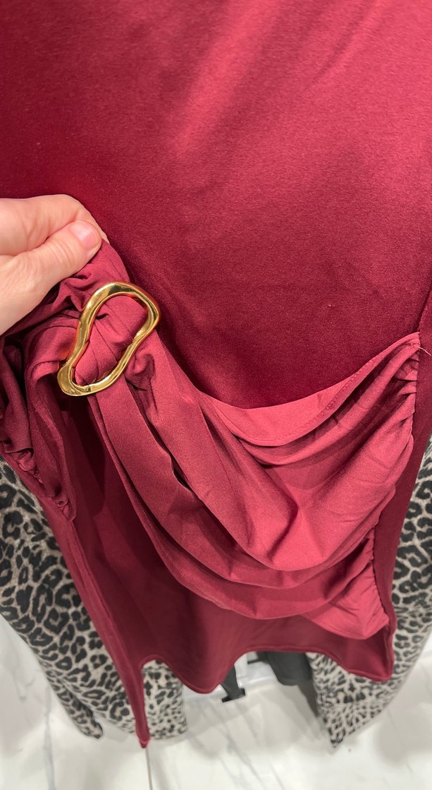 Bordo Drapeli Midi Elbise - Görsel 2