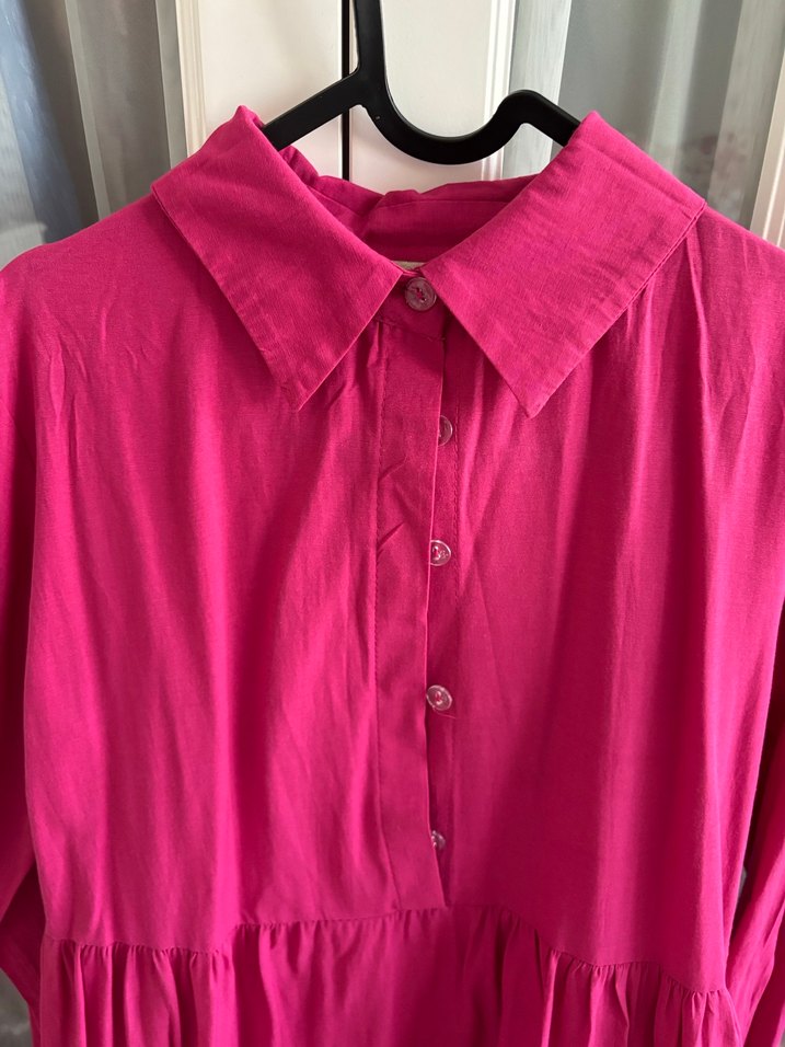 Pembe Uzun Kollu Keten Bohem Elbise - Görsel 3