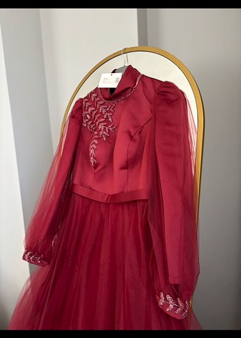 Bordo Uzun Kollu Nakışlı Abiye Elbise - Görsel 5