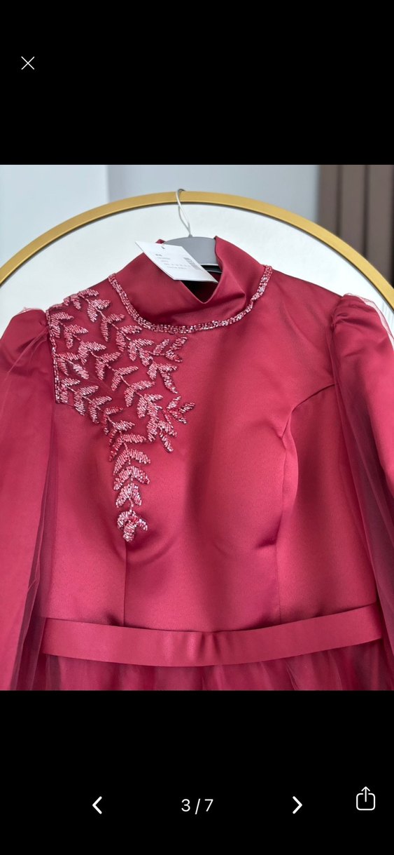 Bordo Uzun Kollu Nakışlı Abiye Elbise - Görsel 3