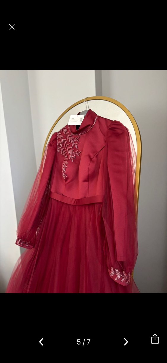 Bordo Uzun Kollu Nakışlı Abiye Elbise - Görsel 5
