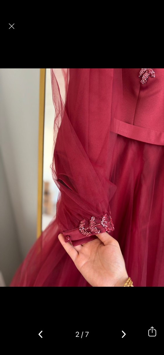 Bordo Uzun Kollu Nakışlı Abiye Elbise - Görsel 2