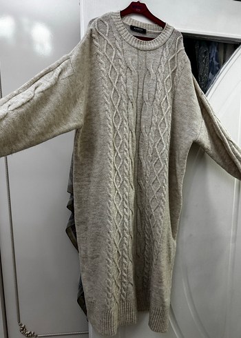 Bej Uzun Kollu Örgü Triko Kadın Kazak - Görsel 2