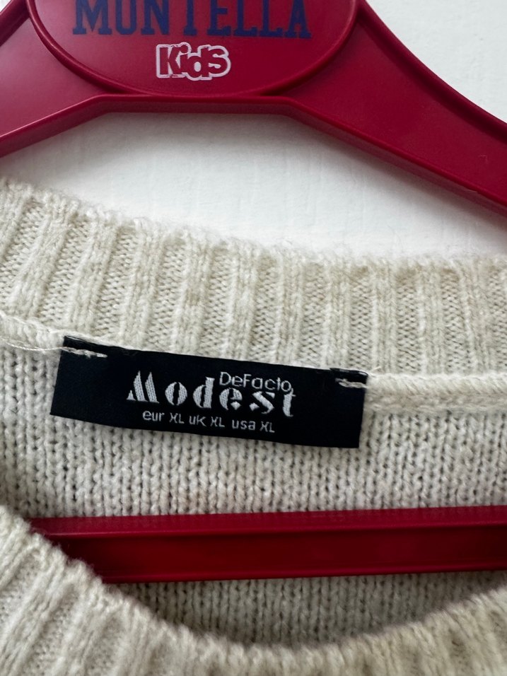 Bej Uzun Kollu Örgü Triko Kadın Kazak - Görsel 4