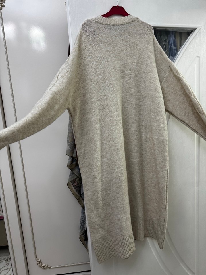 Bej Uzun Kollu Örgü Triko Kadın Kazak - Görsel 3