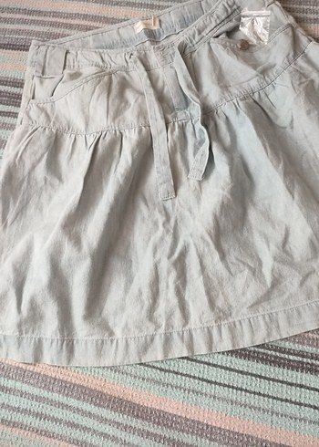 Gri Keten Pilili Mini Etek