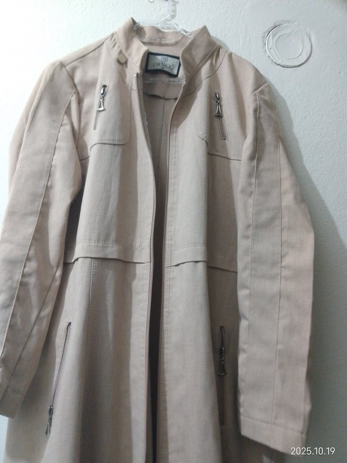 Bej Uzun Keten Kadın Trençkot - Görsel 5