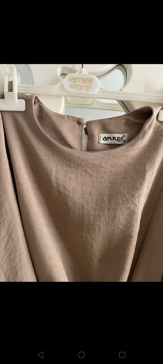 Bej Uzun Kollu Salaş Keten Elbise - Görsel 2