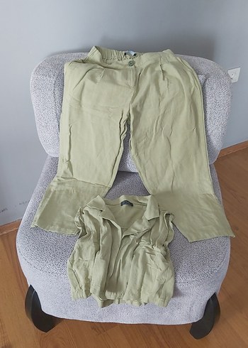 Bej Kolsuz Keten Gömlek ve pantolon - Görsel 4