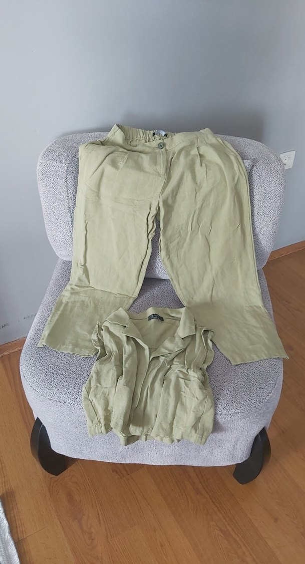 Bej Kolsuz Keten Gömlek ve pantolon - Görsel 4