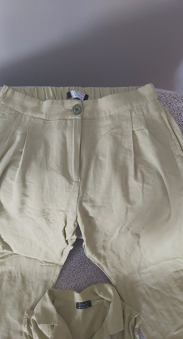 Bej Kolsuz Keten Gömlek ve pantolon - Görsel 3