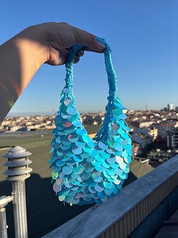 Beden mavi Renk Mavi pullu payetli çanta