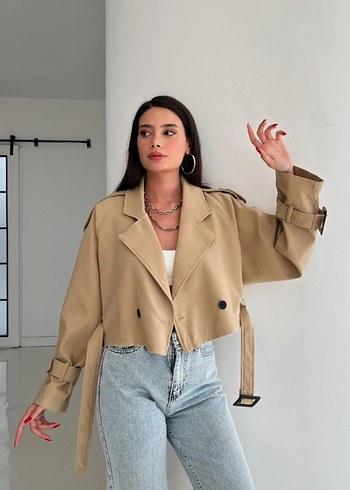 Bej Kemerli Kısa Deri Kadın Trençkot - Görsel 2