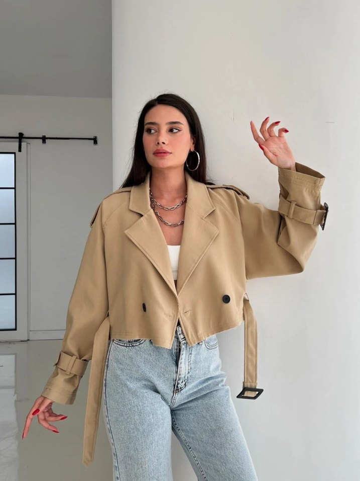 Bej Kemerli Kısa Deri Kadın Trençkot - Görsel 2