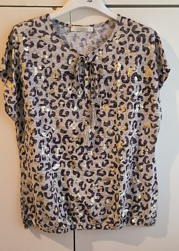 Zara Gri Baskılı Leopar Desenli Kadın Bluz Yeni etiketli