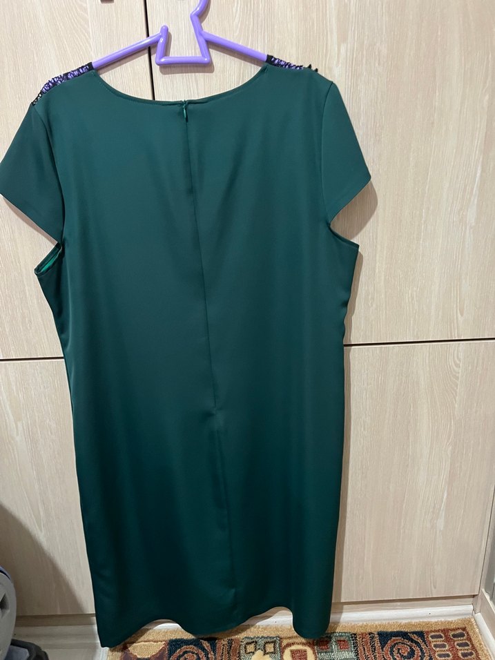 Drapeli İşlemeli Koyu Yeşil Midi Elbise - Görsel 3