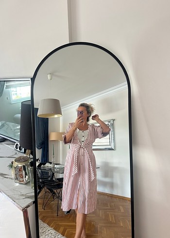 Zara Pembe Çizgili Midi Pamuklu Bohem Elbise
