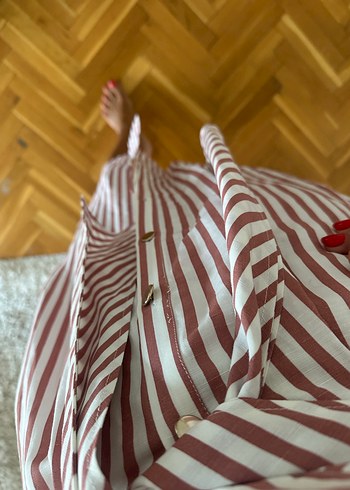 m Beden Zara Pembe Çizgili Midi Pamuklu Bohem Elbise