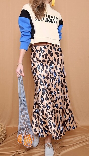 Diğer CAMEL LEOPAR DESEN VOLANLI SATEN ETEK