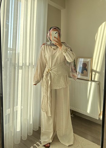 38 Beden Taş rengi keten alt üst takım