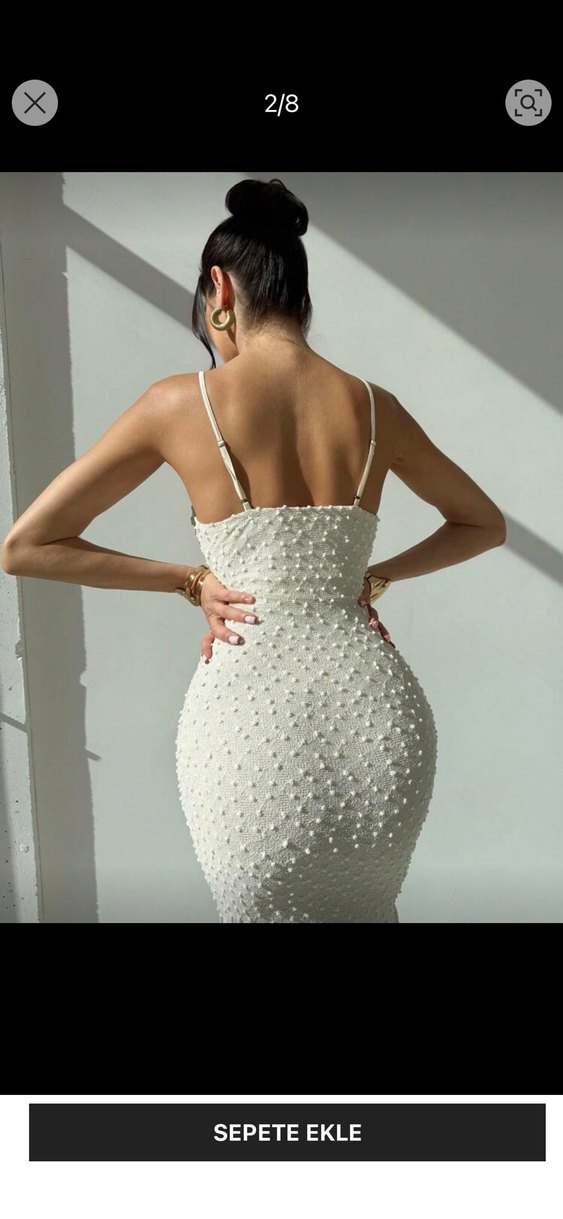 Beyaz Drapeli Uzun Askılı Kadın Elbise - Görsel 2