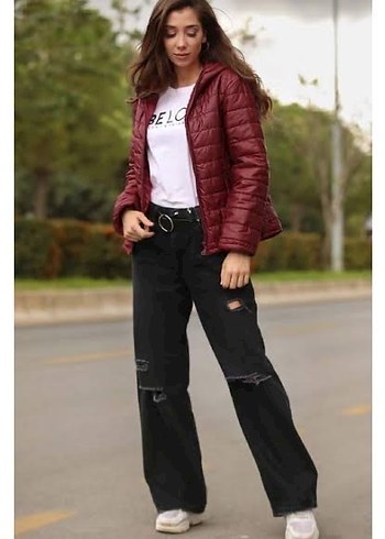 Bordo Kadın Kışlık Kapüşonlu Mont - Görsel 4