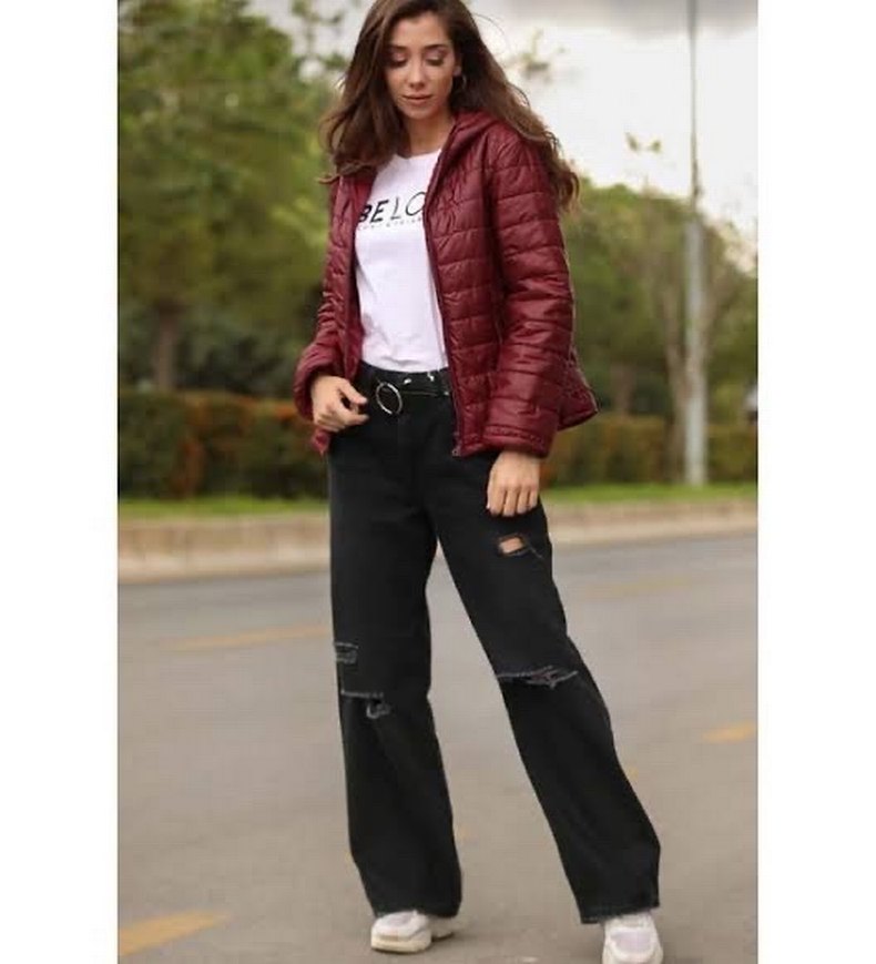 Bordo Kadın Kışlık Kapüşonlu Mont - Görsel 4