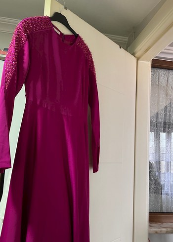 Uzun Kollu Drapeli Mor kol fermuar detaylı Abiye Elbise - Görsel 4