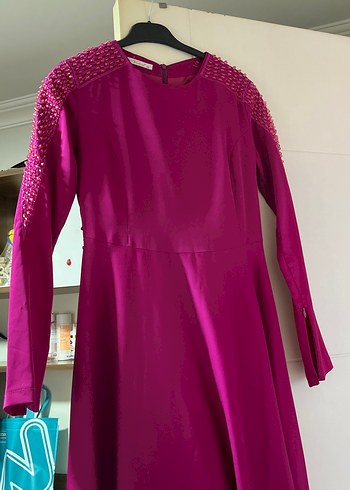 Uzun Kollu Drapeli Mor kol fermuar detaylı Abiye Elbise - Görsel 2