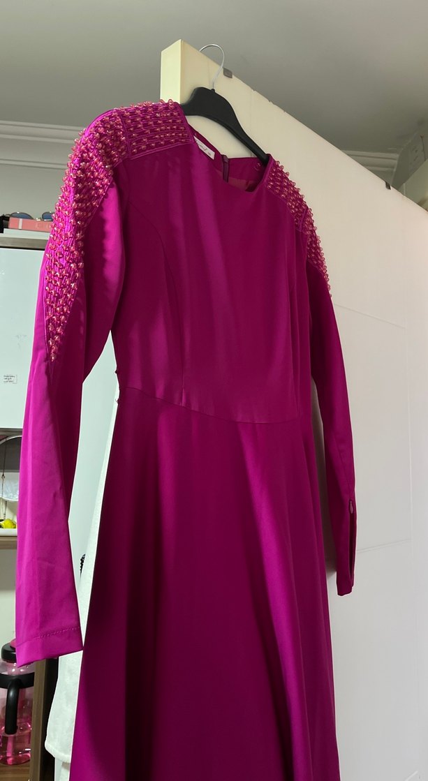 Uzun Kollu Drapeli Mor kol fermuar detaylı Abiye Elbise - Görsel 3