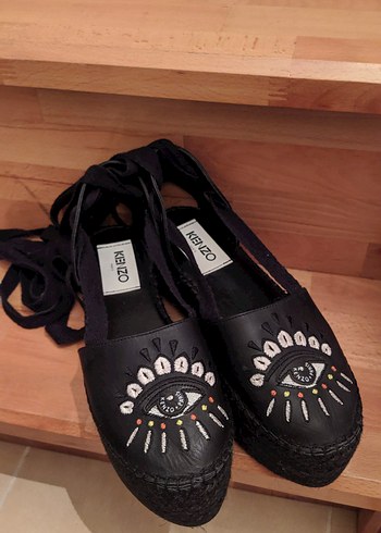 Kenzo Siyah Nakışlı Deri Dolgu Topuk Espadril