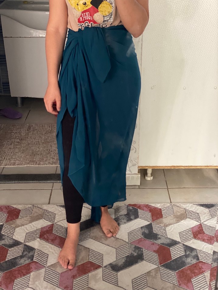 Petrol mavisi şifon uzun pareo - Görsel 2