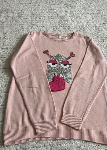 Kız Çocuk Pembe Nakışlı Triko Kazak - Görsel 3