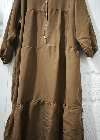 Düğmeli Kahverengi Uzun Keten Elbise - Görsel 2