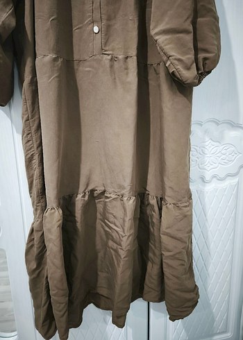 Düğmeli Kahverengi Uzun Keten Elbise - Görsel 5