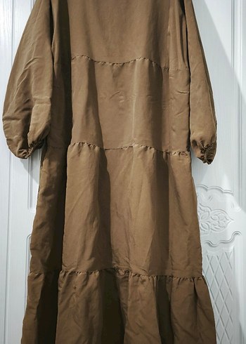 Düğmeli Kahverengi Uzun Keten Elbise - Görsel 4
