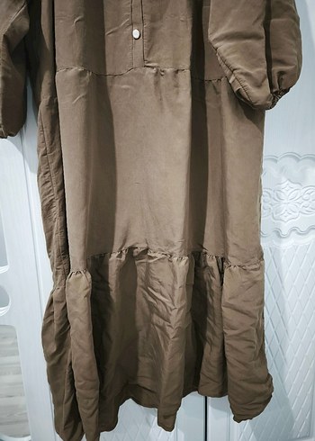 Düğmeli Kahverengi Uzun Keten Elbise - Görsel 3
