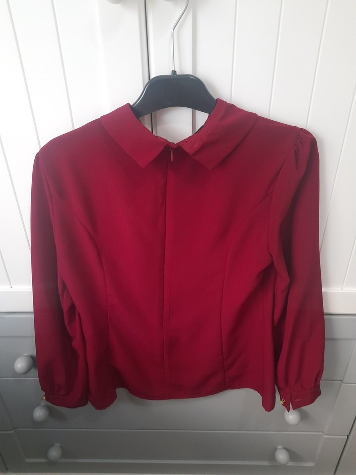 Bordo Vintage Kadın Gömlek, Uzun Kollu, Düğmeli - Görsel 2