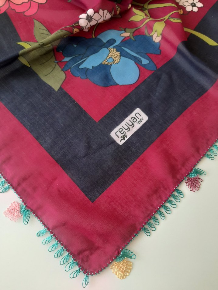 Reyyan yazma iğne oyası Püsküllü Bordo Bohem Kadın Fular - Görsel 2