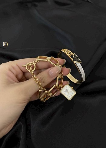 Diğer Altın Renk Zincir Detaylı Çelik Set Bileklik