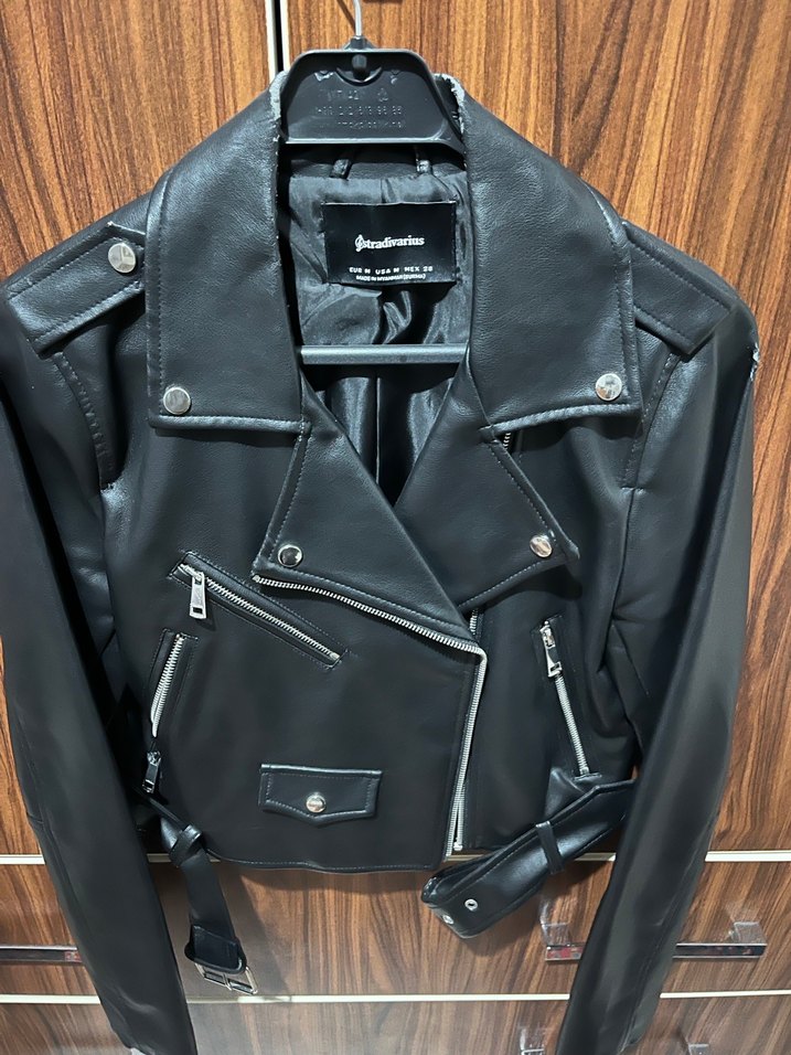 Kadın Siyah Deri Biker Ceket - Görsel 4