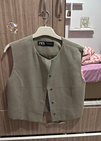 Düğmeli Kısa Keten Kadın Yelek zara - Görsel 2