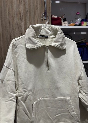 Fermuarlı Beyaz Kadın Sweatshirt - Görsel 3