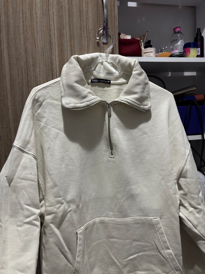 Fermuarlı Beyaz Kadın Sweatshirt - Görsel 3